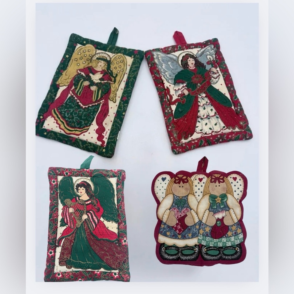 Vintage Christmas Angel Quilted Pot Holder Lot Of 4 - Rare! B&D 80s Cottage Core